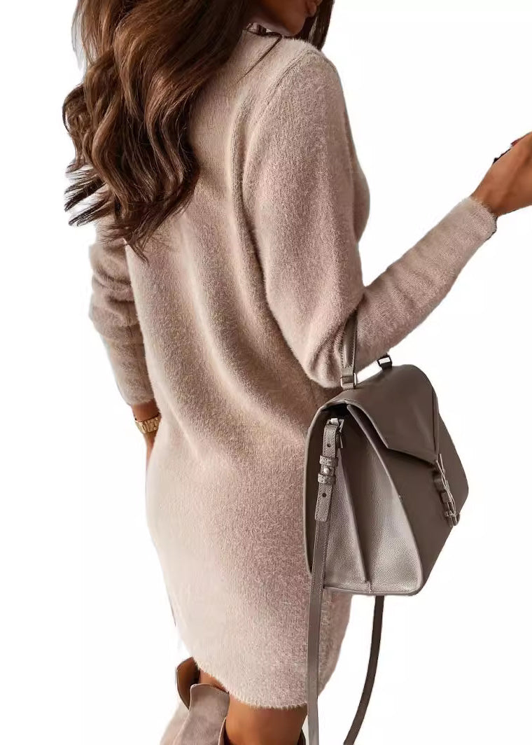 White V Neck Chain Linked Mink Hair Knitted Dress Fall