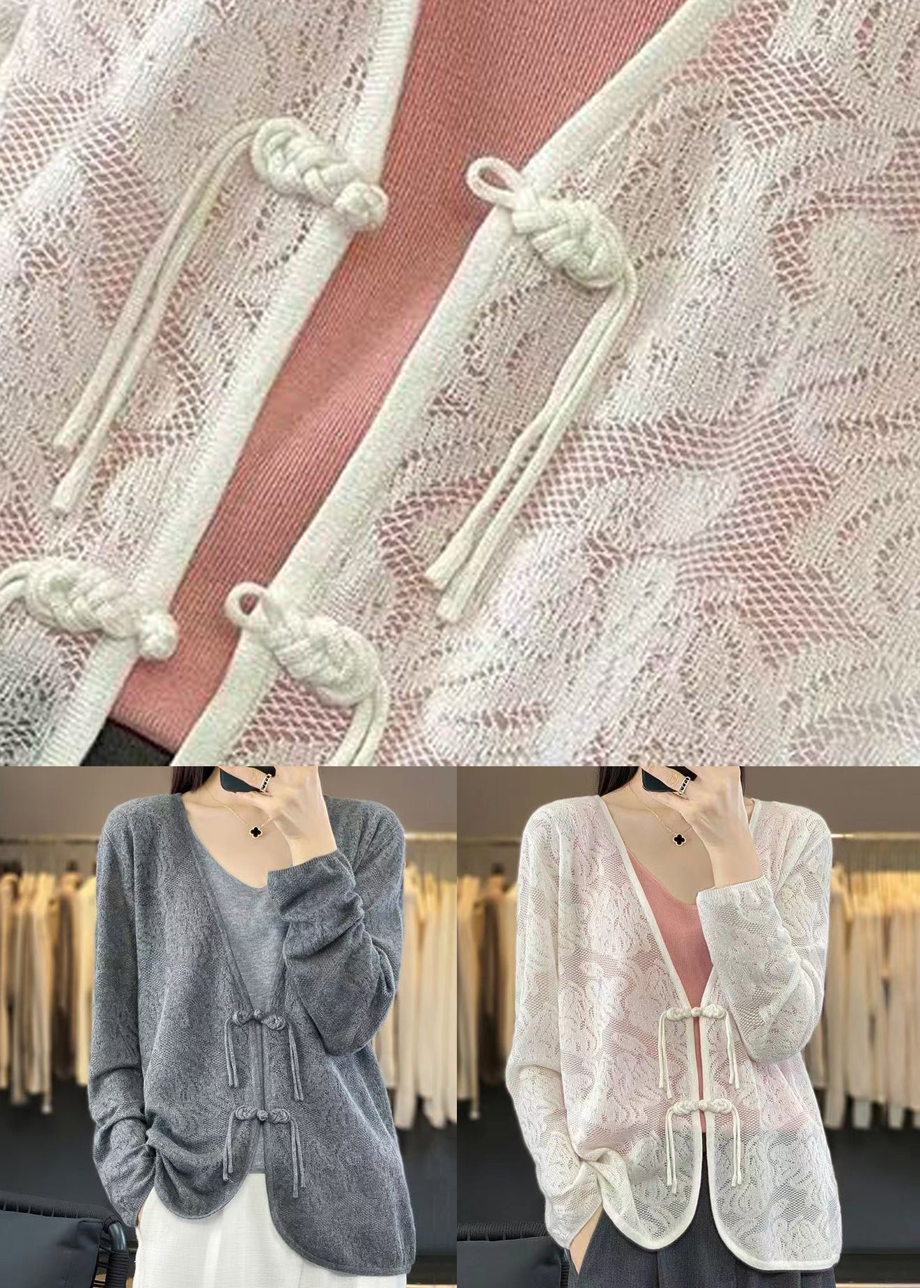 White V Neck Chinese Button Knit Cardigan Fall