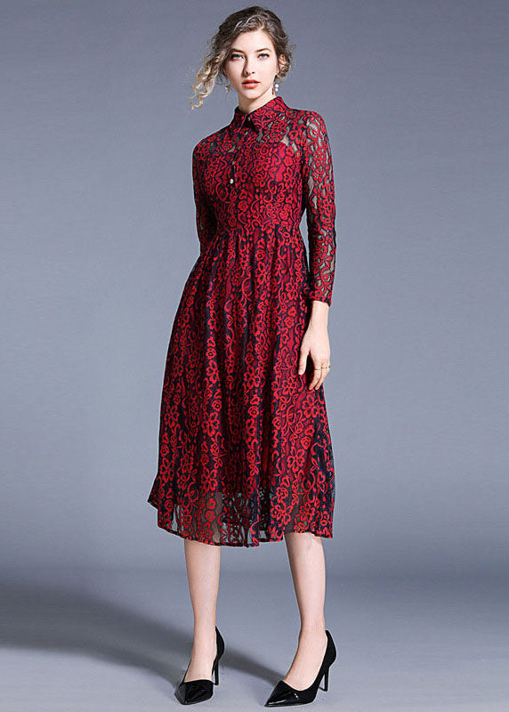Wine Red Peter Pan Collar Hollow Out Lace Dresses Summer