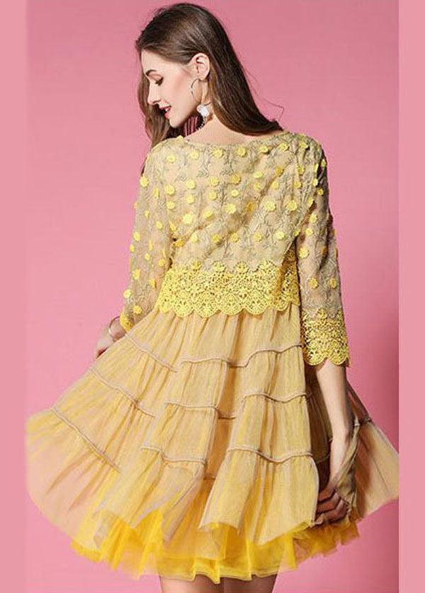 Yellow Embroideried Lace Patchwork Tulle Dress Bracelet Sleeve