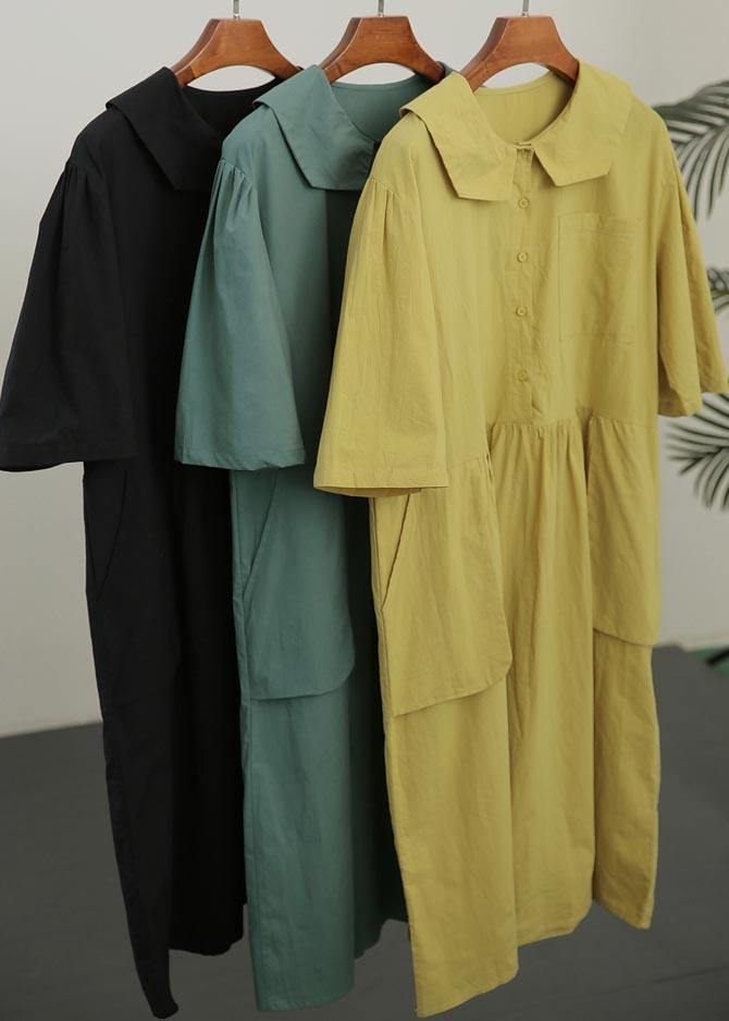Yellow Peter Pan Collar Button Pockets Long Dresses Summer Cotton