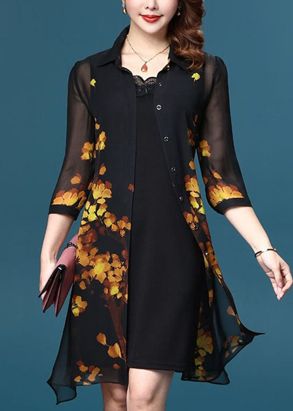 Yellow Peter Pan Collar Print Patchwork Chiffon Dress Two Pieces Set Summer