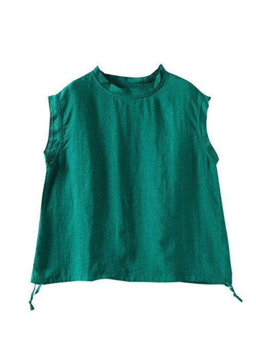 Yellow Stand Collar Drawstring Linen Tanks Short Sleeve