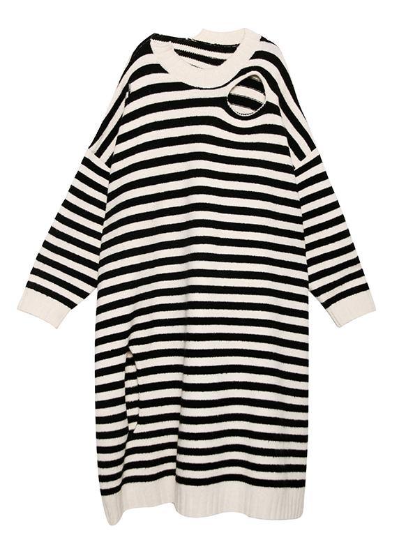Beige Striped Sweater Outfits Design O Neck Hole Diy Sweater Dresses