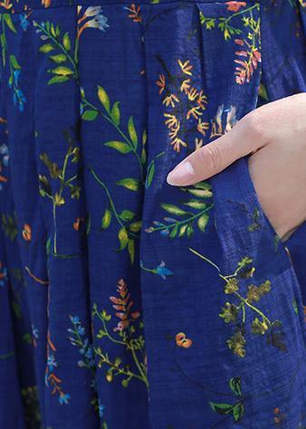 Blue Print Cotton Linen Tunics O Neck Cinched Short Summer Dress