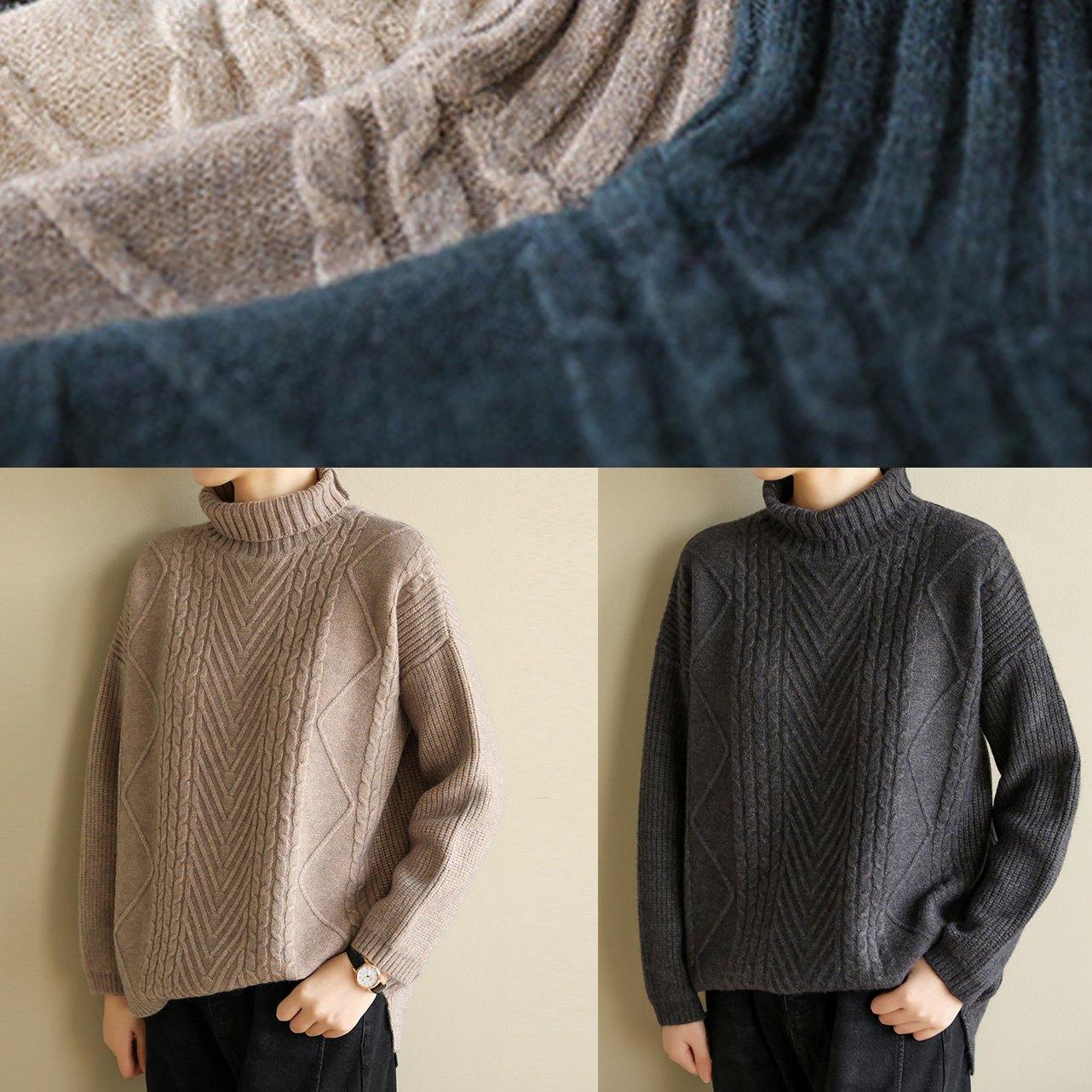 Khaki Knitted Top Cable High Neck Sweaters