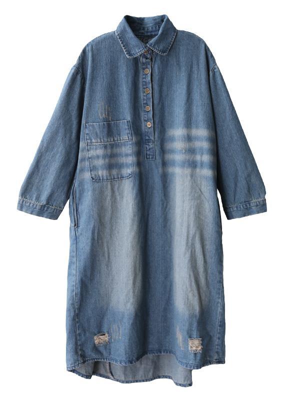 Lapel Hole Spring Outfit Shape Denim Blue Dresses