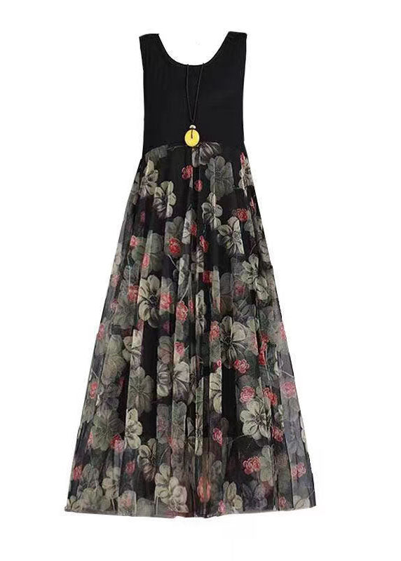 Black Print Patchwork Lace Summer Party Dress