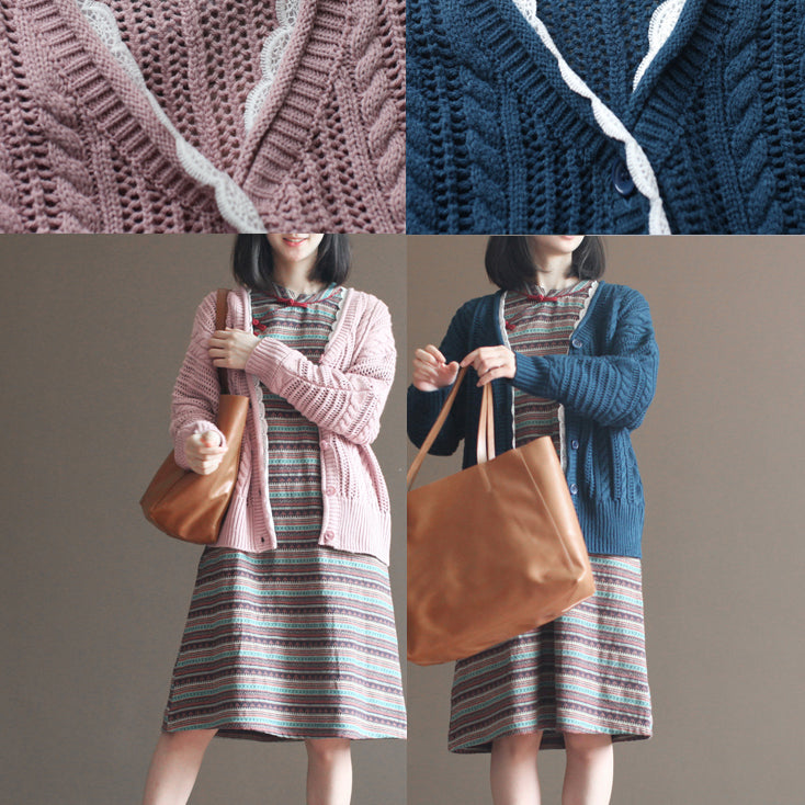 Autumn Dark Blue Cotton Cardigan Lace Chunky Sweater Tops