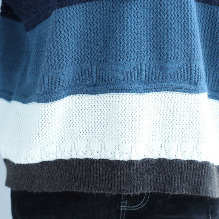 Autumn Winter Patchwork Woolen Knit Tops Blue Gray Striped Sweater