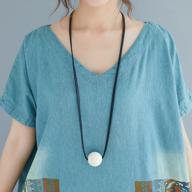 Baggy Denim Blue Pure Cotton Dresses Clothing Holiday Dresses New Short Sleeve Pockets V Neck Print Dress