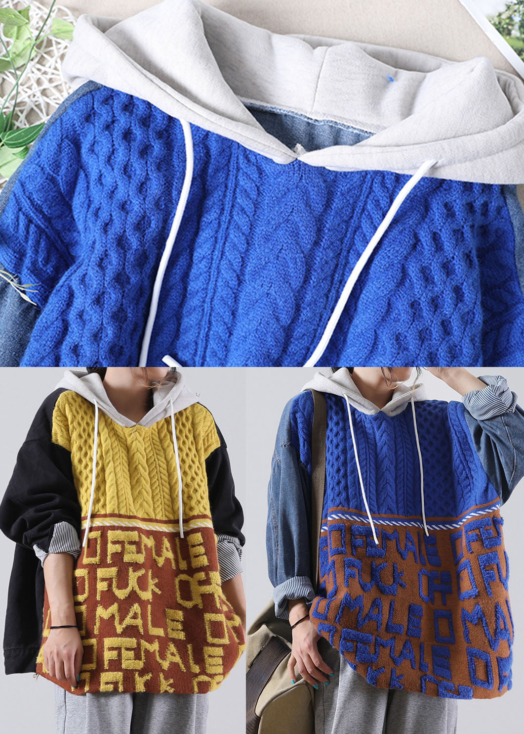 Diy Yellow Hooded Graphic Denim Patchwork Knit Sweaters Winter