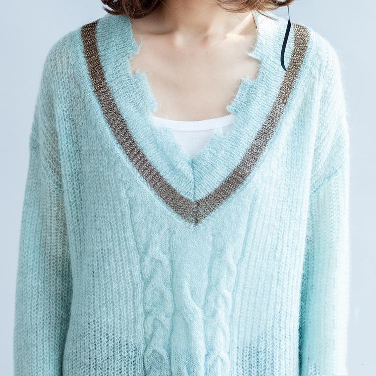 New Light Blue Warm Woolen Sweater Oversized V Neck Knit Tops
