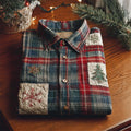 Christmas Tree & Snowflakes Embroidered Patchwork Plaid Linen Shirt artswardrobe