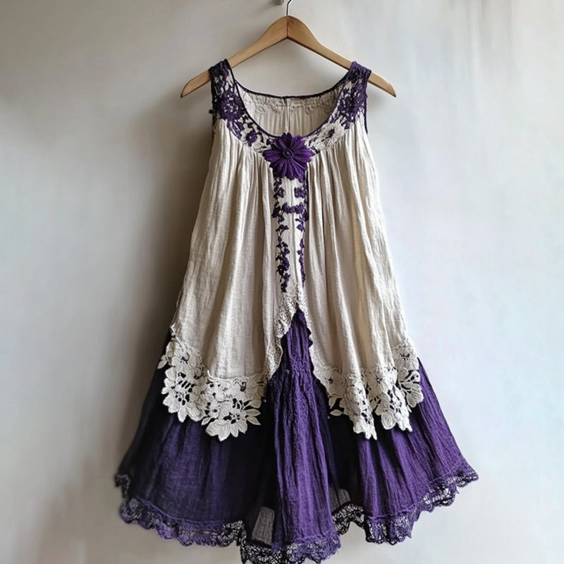 Vintage Violet Lace Floral Embroidery Art Tank Midi Dress artswardrobe