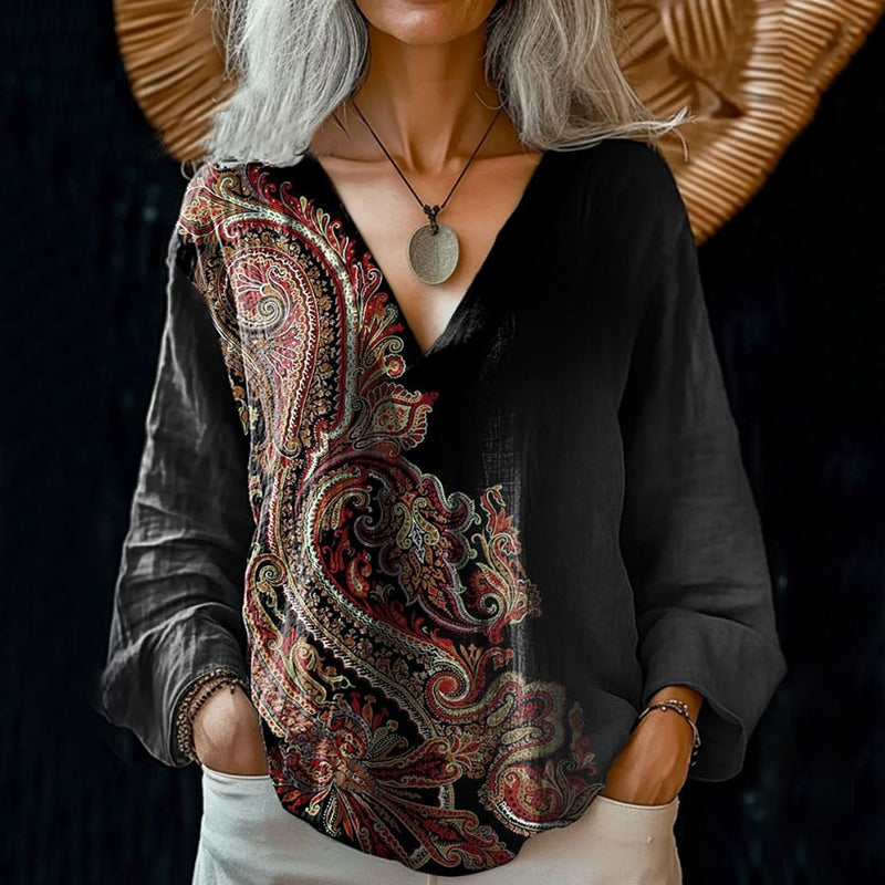 Women's Retro Pattern Art Print Casual Cotton And Linen V-neck Shirt artswardrobe