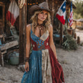 Vintage Western Texas Flag Patchwork Bluebonnets Embroidered Print V-neck Suspender Mini Dress artswardrobe