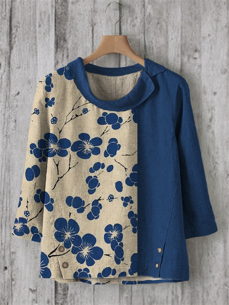 Comstylish Cherry Blossom Japanese Lino Art Contrast Linen Blend Tunic