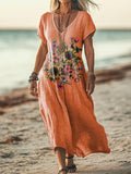 Women's Vintage Floral Art Print Pocket Cotton Dress