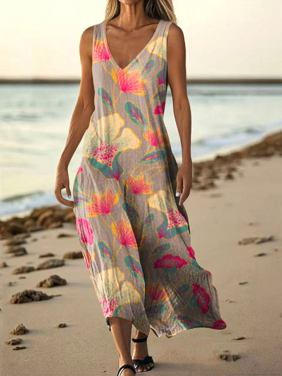 Women's Floral Art Print Pocket Cotton Dresses