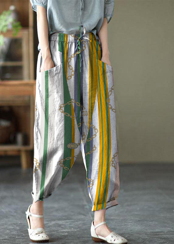 Art White Stripes Tie Waist Pockets Summer Harem Pants Linen