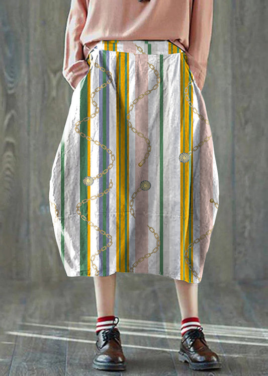 Boutique White Stripes Pockets Lantern Cotton Linen Summer Skirt