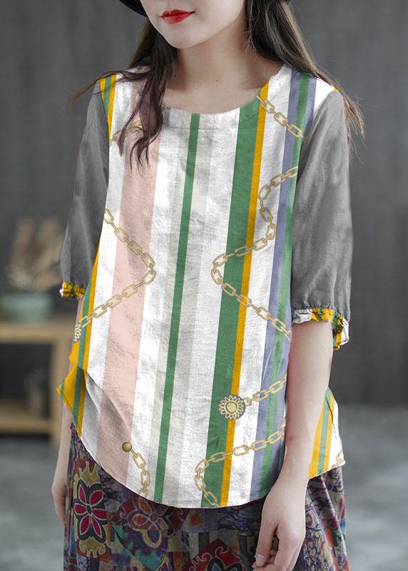 White Stripes Embroidered O-neck Half Sleeve Ramie Blouses Summer