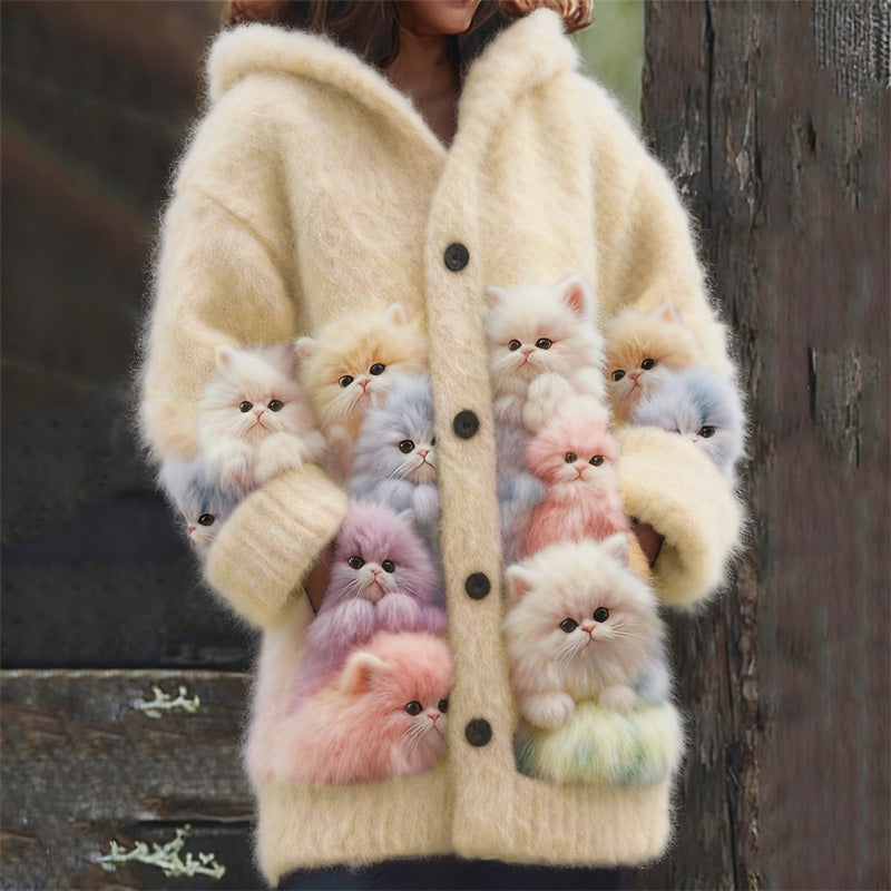 Comstylish Lovely Fuzzy Colorful Cats Cozy Hooded Cardigan