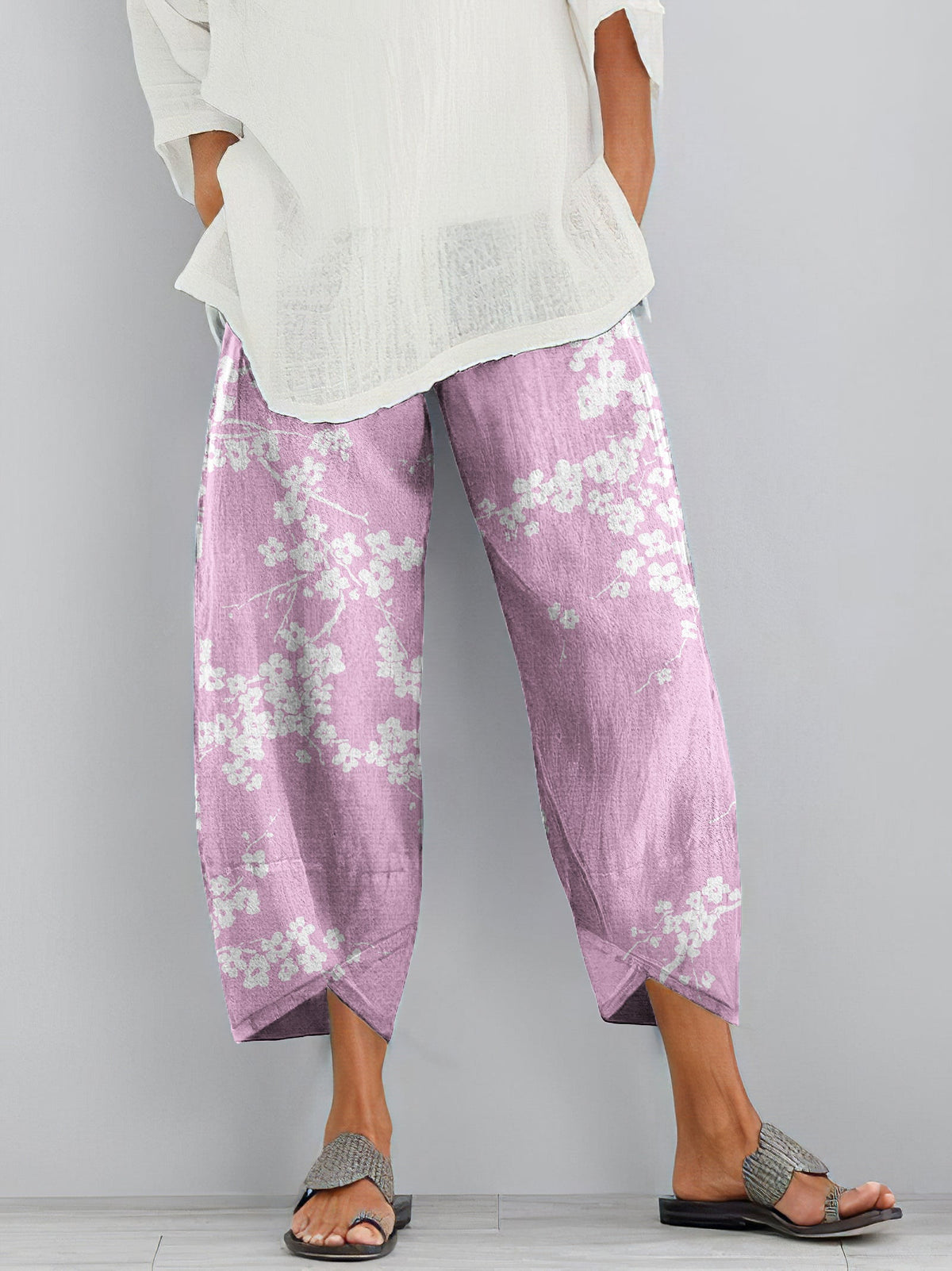 Comstylish Cherry Blossom Print Loose Casual Pants