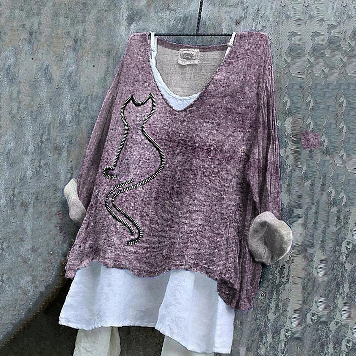 Comstylish Women's Abstract Zipper Cat Art Cotton And Linen V-neck Shirt