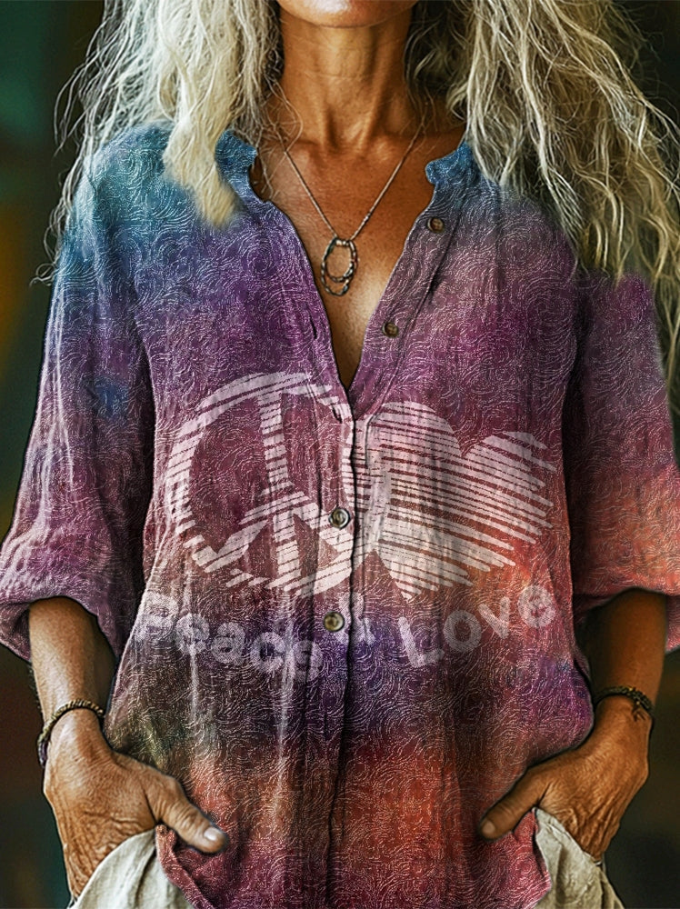 Women's Hippie Peace Love Print Casual Cotton Linen Shirt