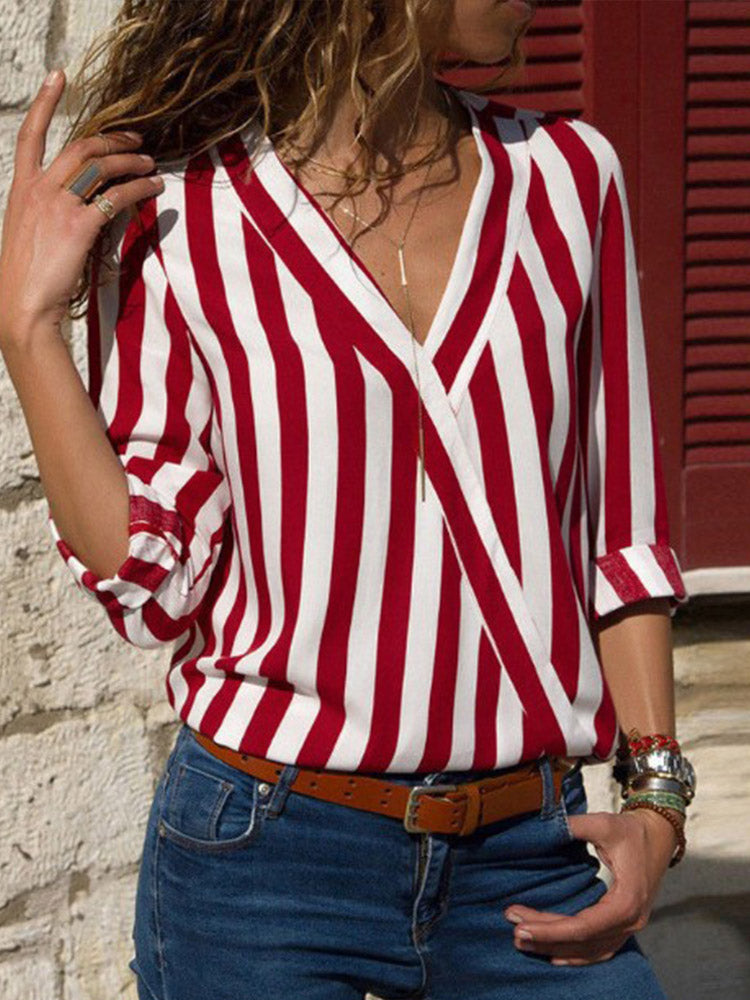 Comstylish Striped Linen Blend V-Neck Long Sleeve Shirt