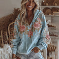 Women's Vintage Blue Rose Embroidery Zipper Cozy Hooded artswardrobe