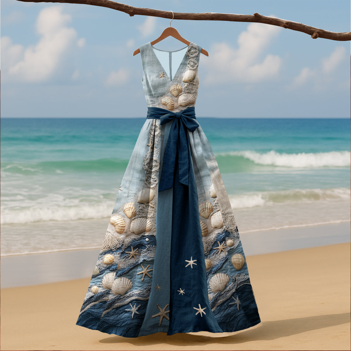 Women's Vintage Ocean Starfish Shell Art Linen Tank Dress artswardrobe