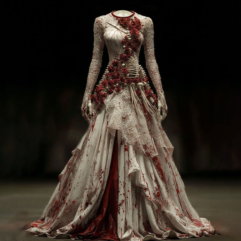 Comstylish Vintage Halloween Bloody Red Roses Patchwork Linen Maxi Dress