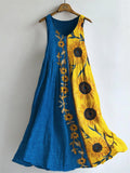 Vintage Boho Sunflowers Embroidered Contrast Patchwork Linen Dress artswardrobe