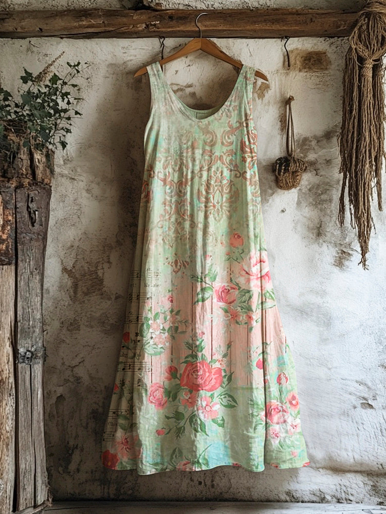 Vintage Floral Print Women's Linen Vest Dress artswardrobe