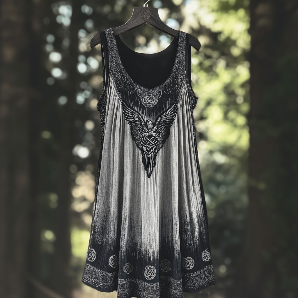 Vintage Mystical Viking Raven Embroidered Linen Tank Dress artswardrobe