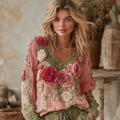 Women's Vintage Floral Art V-neck Shirt artswardrobe