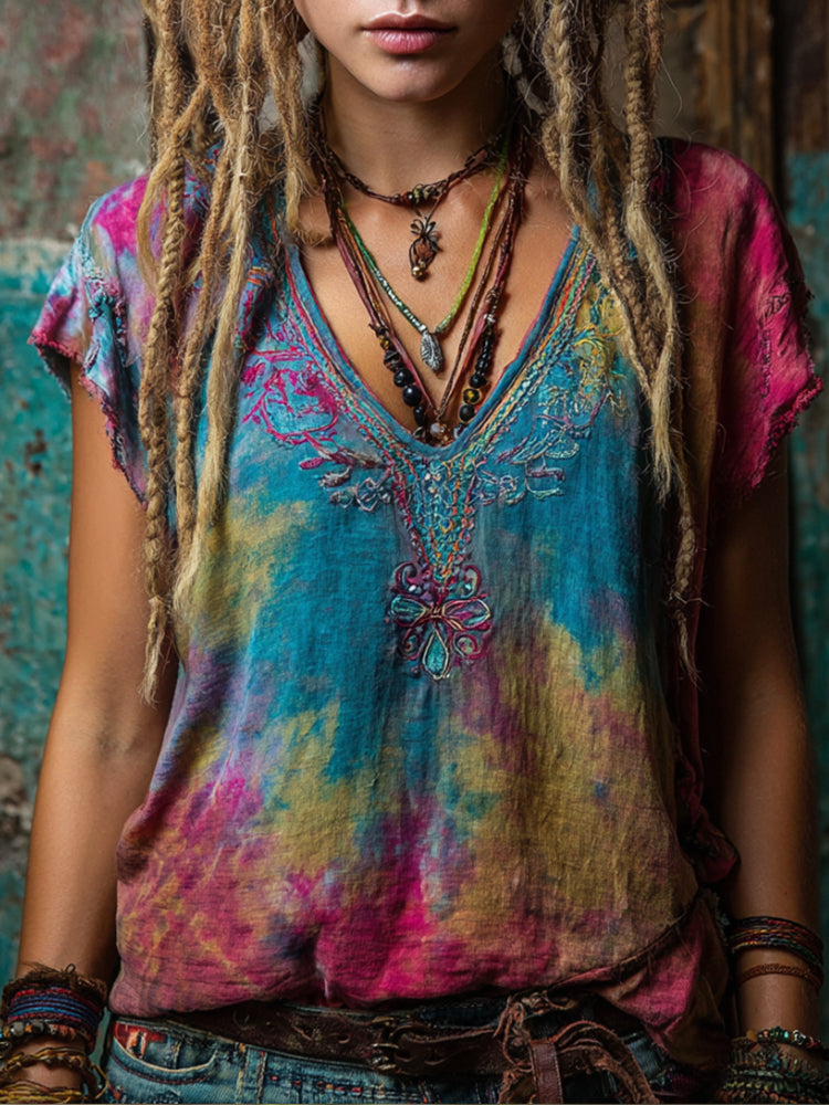 Bohemian Style Personalized Tie-dye Embroidered V-neck Batwing Sleeve Top artswardrobe