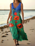 Women's Vintage Floral Art Print Pocket Cotton Dress