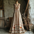 Boho Floral Embroidered Linen V Neck Maxi Dress artswardrobe