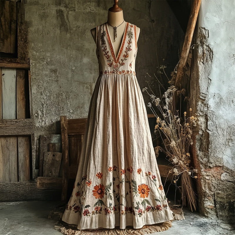 Boho Floral Embroidered Linen V Neck Maxi Dress artswardrobe