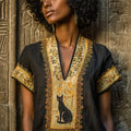Ancient Egyptian Cat Floral Embroidered Linen Shirt artswardrobe