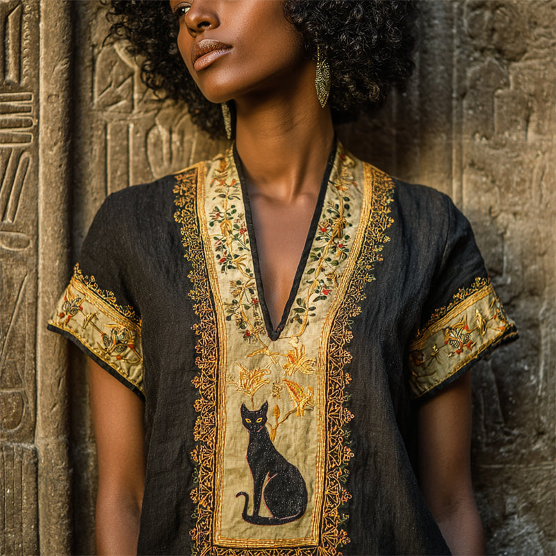 Ancient Egyptian Cat Floral Embroidered Linen Shirt artswardrobe