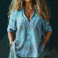 Comstylish Women's Retro Kaleidoscope Tie Dye Print Casual Linen V-neck Shirt