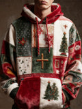 Comstylish Christmas Tree & Cross Patchwork Design Men's Flannel Hooded Sweatshirt