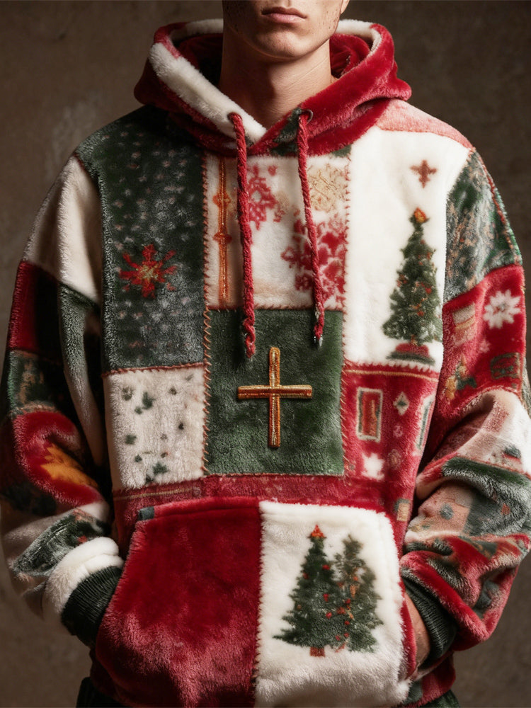Comstylish Christmas Tree & Cross Patchwork Design Men's Flannel Hooded Sweatshirt