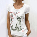 Retro Japanese Ink Floral Cat Art Painting Linen Casual T-Shirt elevenforest