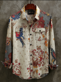 Western Style Flower And Bird Elements Retro Cotton And Linen Short-sleeve Shirt artswardrobe